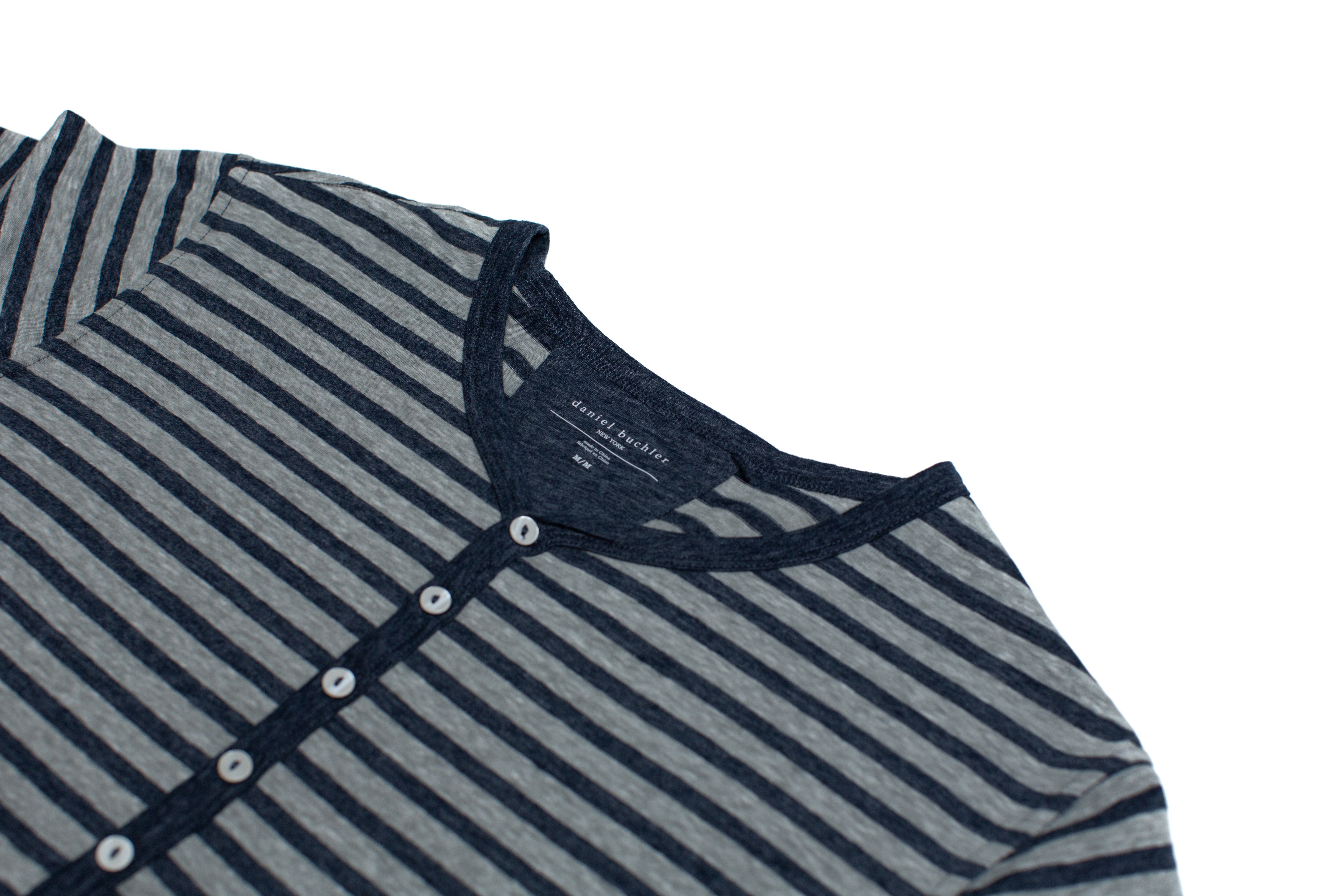 Recycled Cotton/Poly Navy + Grey Stripe Heather Henley